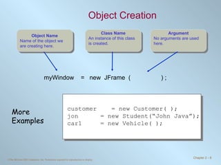 Object Creation myWindow  =  new  JFrame  (  ) ; customer  = new Customer( ); jon = new Student(“John Java”); car1 = new Vehicle( ); More Examples Object Name Name of the object we are creating here. Class Name An instance of this class is created. Argument No arguments are used here. 