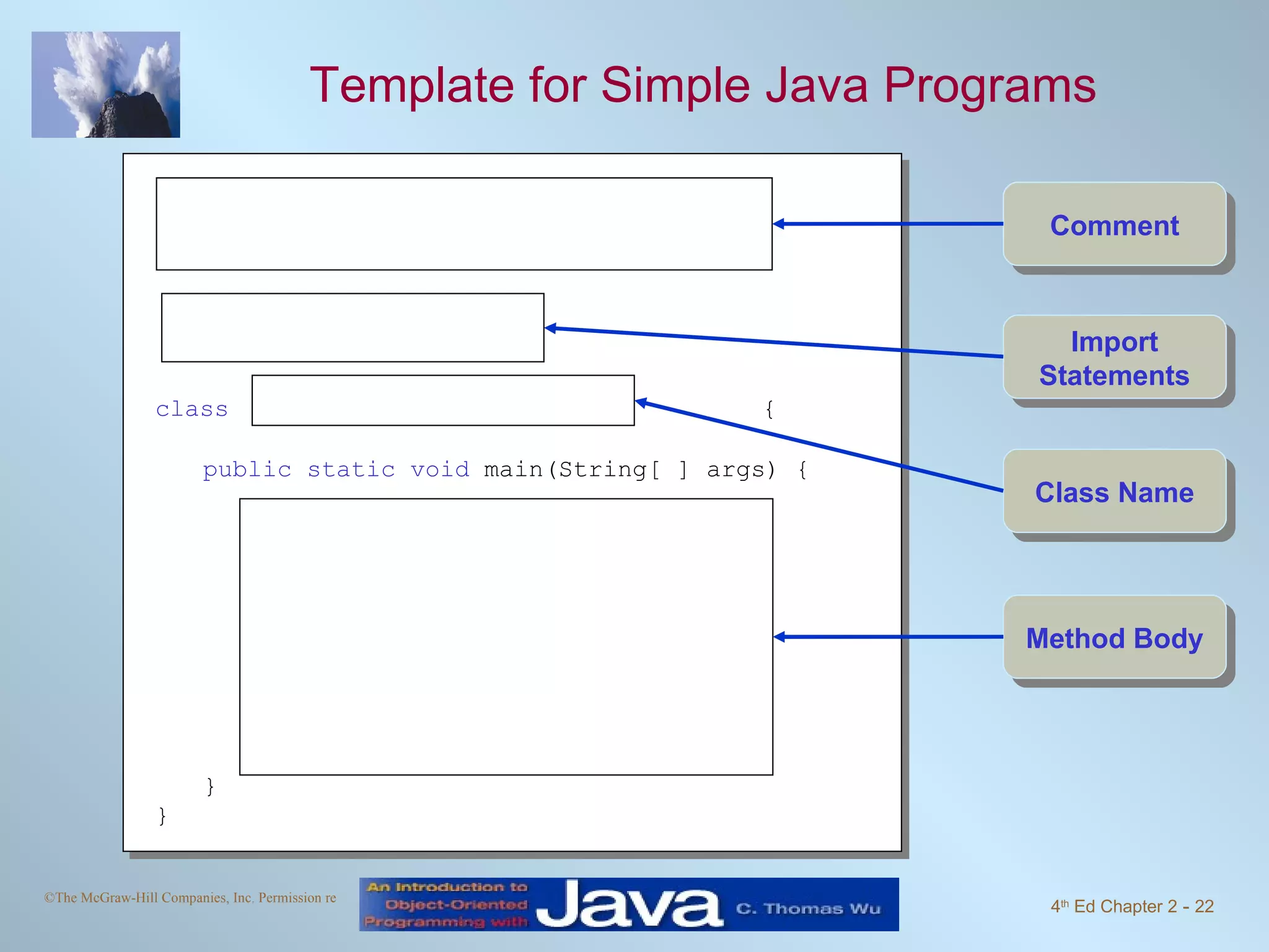 Template for Simple Java Programs /* Chapter 2 Sample Program: Displaying a Window File: Ch2Sample2.java */ import javax.swing.*; class Ch2Sample1 { public static void main(String[ ] args) { JFrame myWindow; myWindow = new JFrame( ); myWindow.setSize(300, 200); myWindow.setTitle(“My First Java Program”); myWindow.setVisible(true); } } Import Statements Class Name Comment Method Body 