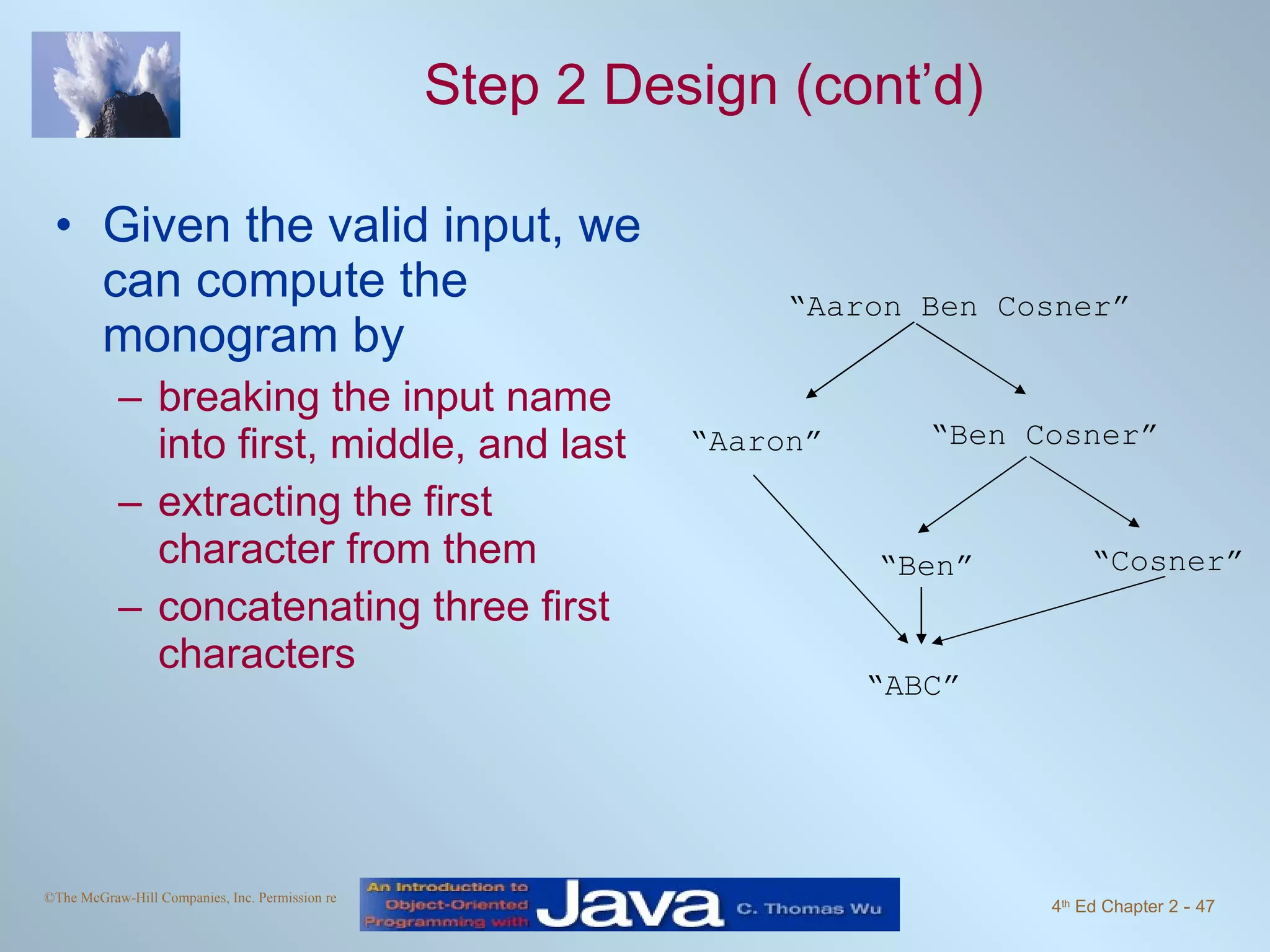 Step 2 Design (cont’d) Given the valid input, we can compute the monogram by breaking the input name into first, middle, and last extracting the first character from them concatenating three first characters “ Aaron Ben Cosner” “ Aaron” “ Ben Cosner” “ Ben” “ Cosner” “ ABC” 