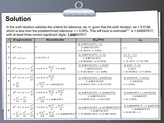 Solution Here comes your footer     Page  In the sixth iteration satisfies the criteria for tolerance, ea <t, given that the sixth iteration, ea = 0.0158, which is less than the predetermined tolerance: t = 0.05%. This will have to estimate  is 1.648697917, with at least three correct significant digits:  1.648 697917. 