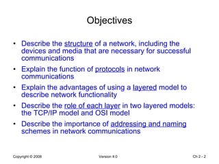 Objectives Describe the  structure  of a network, including the devices and media that are necessary for successful communications Explain the function of  protocols  in network communications Explain the advantages of using a  layered  model to describe network functionality Describe the  role of each layer  in two layered models:  the TCP/IP model and OSI model Describe the importance of  addressing and naming  schemes in network communications Ch 2 -  