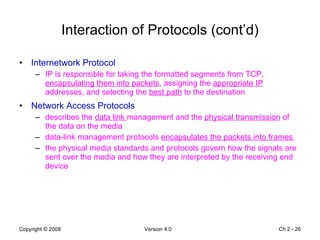 Interaction of Protocols (cont’d) Internetwork Protocol IP is responsible for taking the formatted segments from TCP,  encapsulating them into packets , assigning the  appropriate IP  addresses, and selecting the  best path  to the destination Network Access Protocols describes the  data link  management and the  physical transmission  of the data on the media data-link management protocols  encapsulates the packets into frames  the physical media standards and protocols govern how the signals are sent over the media and how they are interpreted by the receiving end device Ch 2 -  