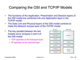 Comparing the OSI and TCP/IP Models The functions of the Application, Presentation and Session layers of the OSI model are combined into one Application layer in the TCP/IP model The Data Link and Physical layers of the OSI model combine to make the Network Access layer of the TCP/IP model Ch 2 -  The key parallel between the two models occur at layers 3 and 4 of the OSI model TCP operates at the transport layer IP operates at the Internet layer 