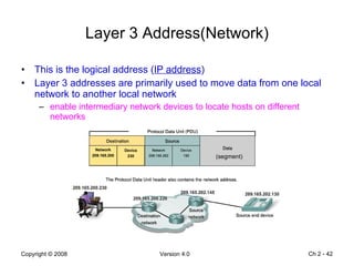 Layer 3 Address(Network) This is the logical address ( IP address ) Layer 3 addresses are primarily used to move data from one local network to another local network enable intermediary network devices to locate hosts on different networks Ch 2 -  (segment) Network 209.165.200 Device 230 