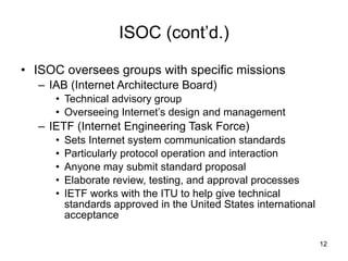ISOC (cont’d.) ISOC oversees groups with specific missions IAB (Internet Architecture Board) Technical advisory group Overseeing Internet’s design and management IETF (Internet Engineering Task Force) Sets Internet system communication standards Particularly protocol operation and interaction Anyone may submit standard proposal Elaborate review, testing, and approval processes IETF works with the ITU to help give technical standards approved in the United States international acceptance  