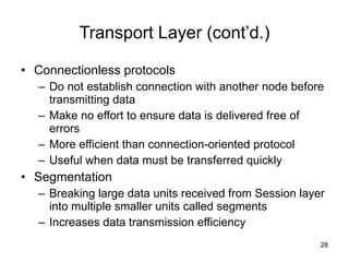 Transport Layer (cont’d.) Connectionless protocols Do not establish connection with another node before transmitting data Make no effort to ensure data is delivered free of errors More efficient than connection-oriented protocol Useful when data must be transferred quickly Segmentation Breaking large data units received from Session layer into multiple smaller units called segments Increases data transmission efficiency 