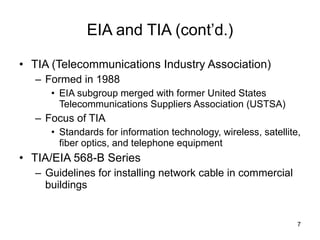 EIA and TIA (cont’d.) TIA (Telecommunications Industry Association) Formed in 1988 EIA subgroup merged with former United States Telecommunications Suppliers Association (USTSA) Focus of TIA Standards for information technology, wireless, satellite, fiber optics, and telephone equipment TIA/EIA 568-B Series Guidelines for installing network cable in commercial buildings 