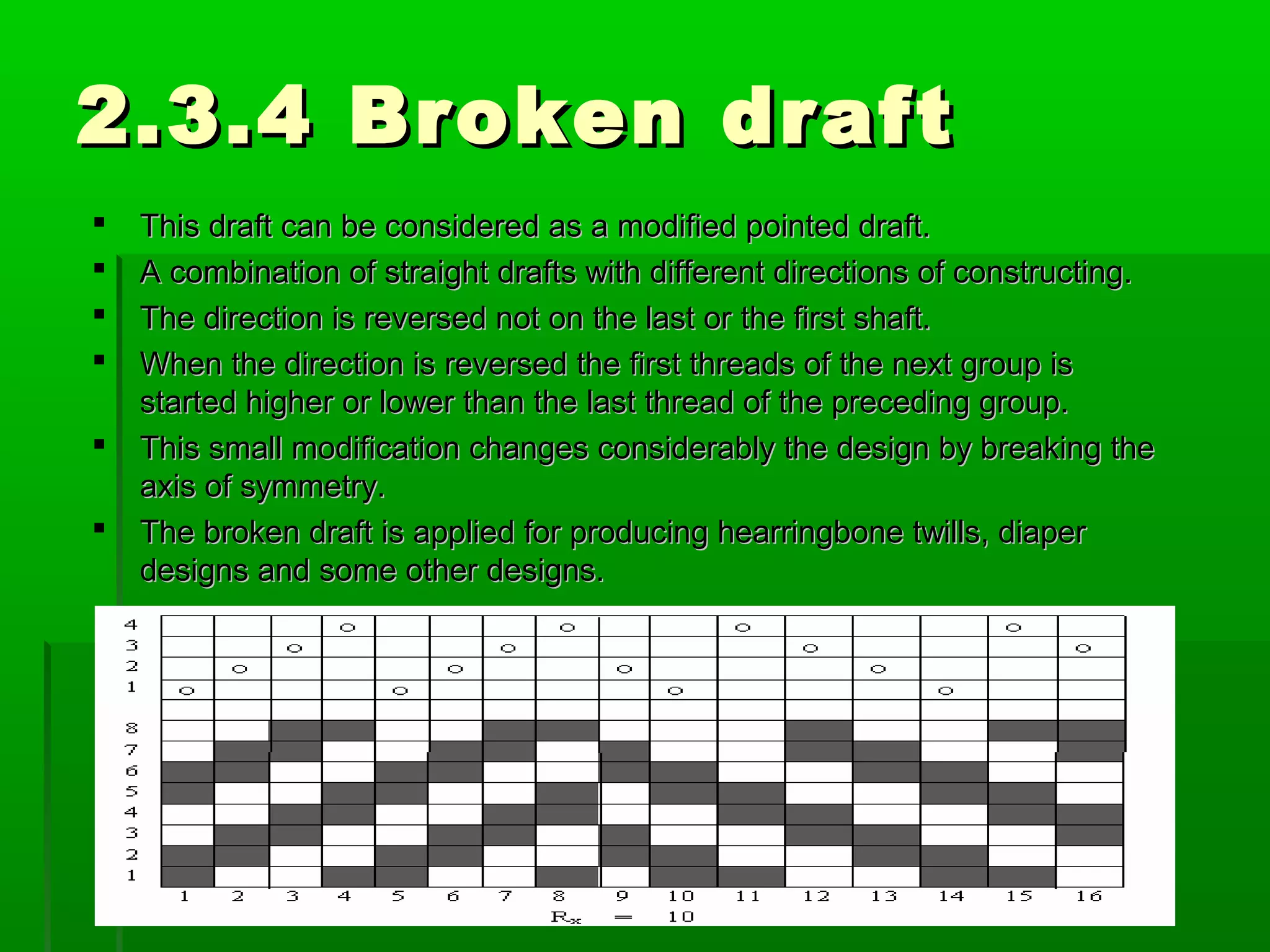 2.3.4 Broken draft2.3.4 Broken draft
 This draft can be considered as a modified pointed draft.This draft can be considered as a modified pointed draft.
 A combination of straight drafts with different directions of constructing.A combination of straight drafts with different directions of constructing.
 The direction is reversed not on the last or the first shaft.The direction is reversed not on the last or the first shaft.
 When the direction is reversed the first threads of the next group isWhen the direction is reversed the first threads of the next group is
started higher or lower than the last thread of the preceding group.started higher or lower than the last thread of the preceding group.
 This small modification changes considerably the design by breaking theThis small modification changes considerably the design by breaking the
axis of symmetry.axis of symmetry.
 The broken draft is applied for producing hearringbone twills, diaperThe broken draft is applied for producing hearringbone twills, diaper
designs and some other designs.designs and some other designs.
 
