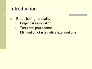 Introduction Establishing causality Empirical association Temporal precedence Elimination of alternative explanations 
