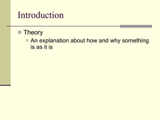 Introduction Theory  An explanation about how and why something is as it is 