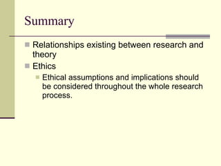 Summary Relationships existing between research and theory Ethics Ethical assumptions and implications should be considered throughout the whole research process. 