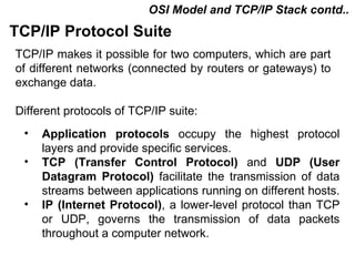 OSI Model and TCP/IP Stack contd..
TCP/IP Protocol Suite
TCP/IP makes it possible for two computers, which are part
of different networks (connected by routers or gateways) to
exchange data.

Different protocols of TCP/IP suite:
 •   Application protocols occupy the highest protocol
     layers and provide specific services.
 •   TCP (Transfer Control Protocol) and UDP (User
     Datagram Protocol) facilitate the transmission of data
     streams between applications running on different hosts.
 •   IP (Internet Protocol), a lower-level protocol than TCP
     or UDP, governs the transmission of data packets
     throughout a computer network.

                                           CMC Limited
 
