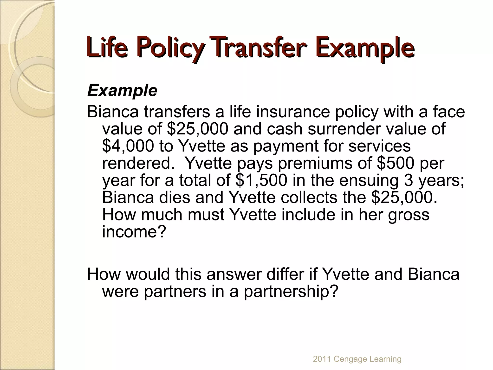 Life Policy Transfer Example Example Bianca transfers a life insurance policy with a face value of $25,000 and cash surrender value of $4,000 to Yvette as payment for services rendered.  Yvette pays premiums of $500 per year for a total of $1,500 in the ensuing 3 years; Bianca dies and Yvette collects the $25,000.  How much must Yvette include in her gross income?  How would this answer differ if Yvette and Bianca were partners in a partnership? 2011 Cengage Learning 