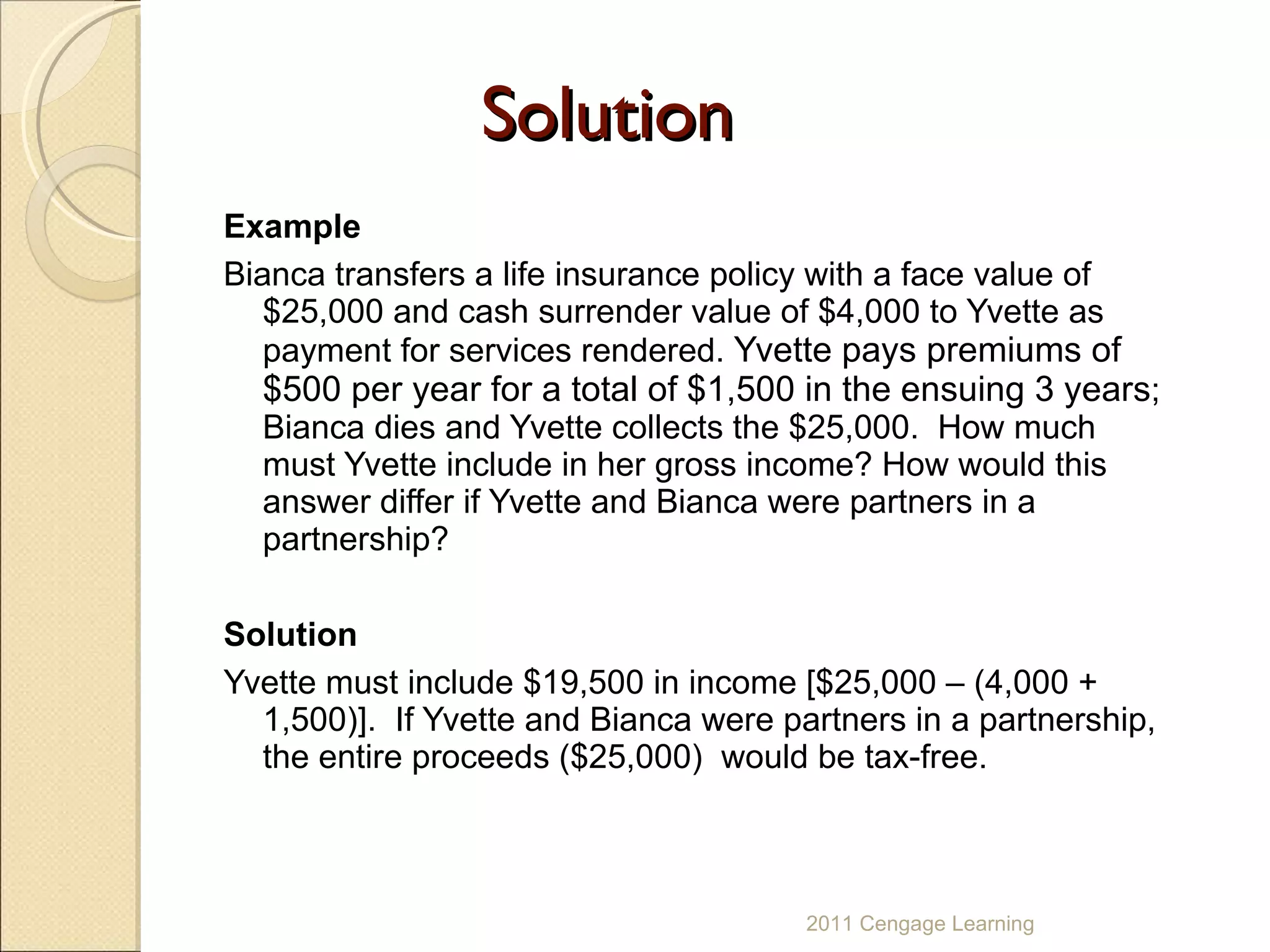 Solution Example Bianca transfers a life insurance policy with a face value of $25,000 and cash surrender value of $4,000 to Yvette as payment for services rendered.  Yvette pays premiums of $500 per year for a total of $1,500 in the ensuing 3 years ; Bianca dies and Yvette collects the $25,000.  How much must Yvette include in her gross income? How would this answer differ if Yvette and Bianca were partners in a partnership? Solution Yvette must include $19,500 in income [$25,000 – (4,000 + 1,500)].  If Yvette and Bianca were partners in a partnership, the entire proceeds ($25,000)  would be tax-free. 2011 Cengage Learning 