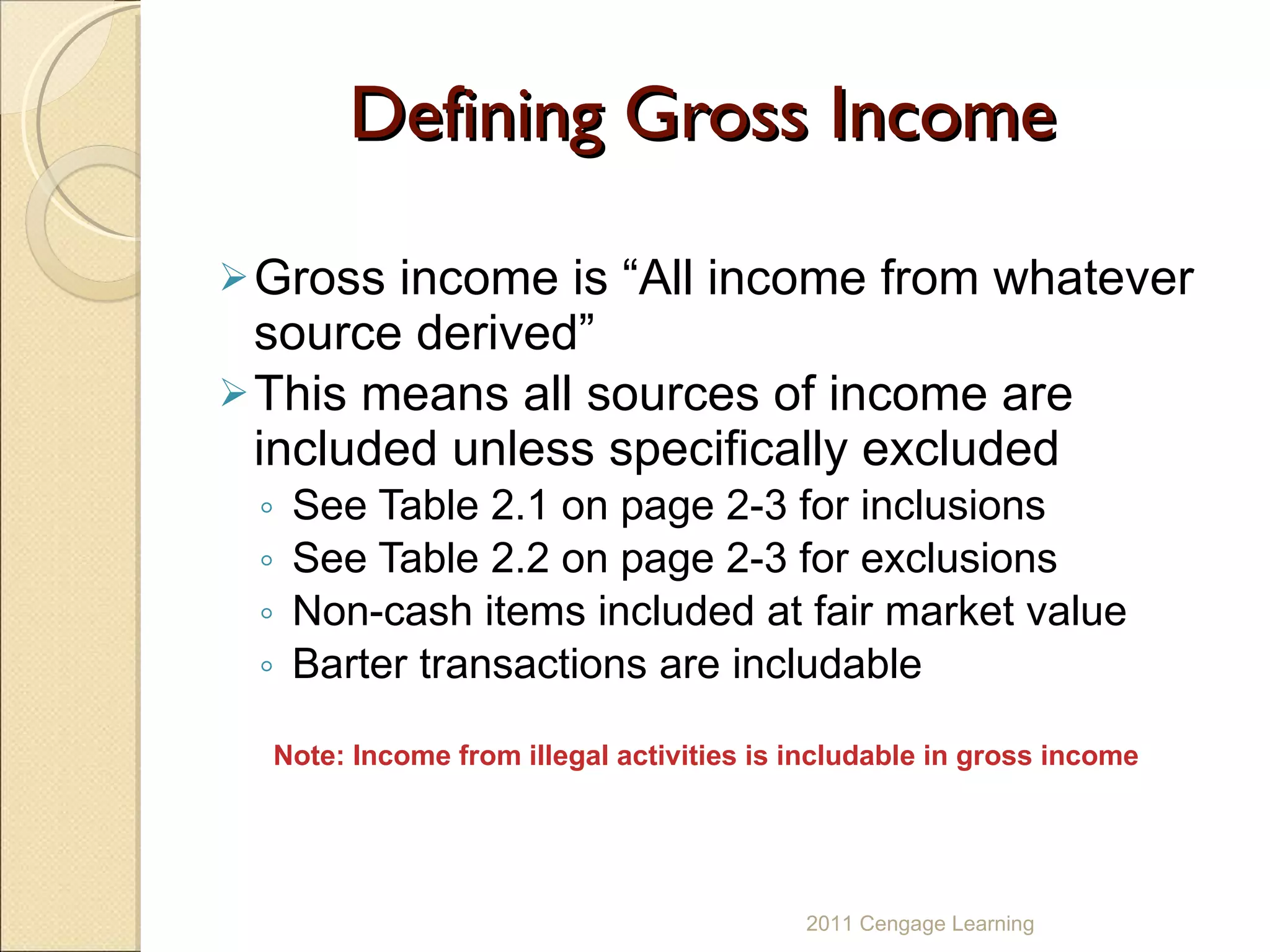 Defining Gross Income Gross income is “All income from whatever source derived” This means all sources of income are included unless specifically excluded  See Table 2.1 on page 2-3 for inclusions See Table 2.2 on page 2-3 for exclusions Non-cash items included at fair market value Barter transactions are includable Note: Income from illegal activities is includable in gross income 2011 Cengage Learning 