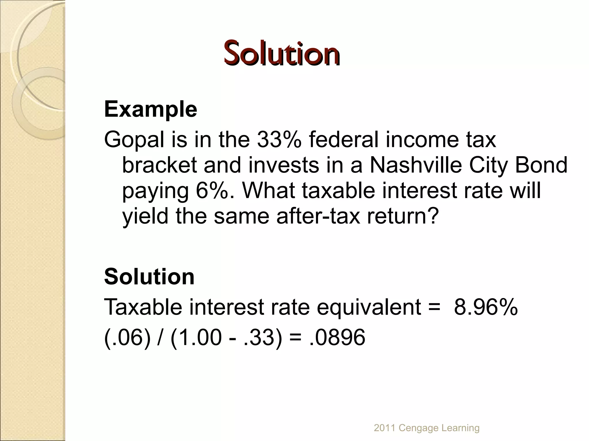 Solution Example Gopal is in the 33% federal income tax bracket and invests in a Nashville City Bond paying 6%. What taxable interest rate will yield the same after-tax return? Solution Taxable interest rate equivalent =  8.96%  (.06) / (1.00 - .33) = .0896 2011 Cengage Learning 