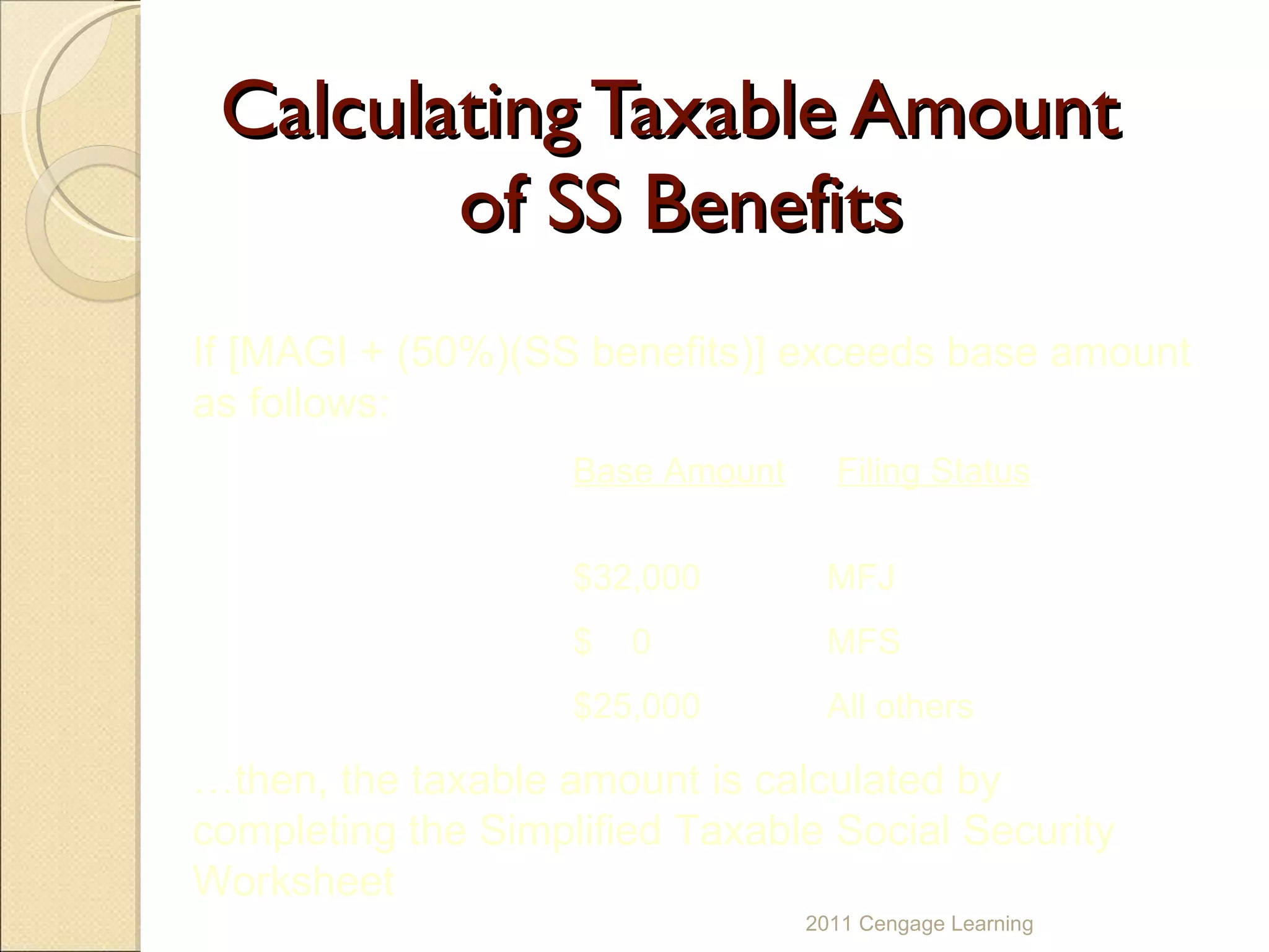 Calculating Taxable Amount  of SS Benefits 2011 Cengage Learning If [MAGI + (50%)(SS benefits)] exceeds base amount as follows: Base Amount   Filing Status   $32,000  MFJ $  0  MFS $25,000  All others … then, the taxable amount is calculated by completing the Simplified Taxable Social Security Worksheet 