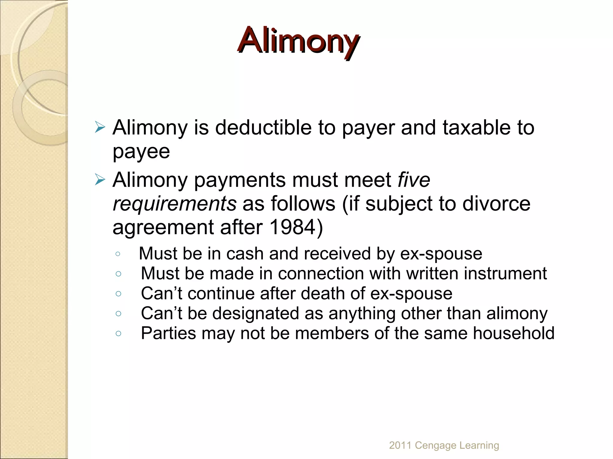 Alimony Alimony is deductible to payer and taxable to payee Alimony payments must meet  five requirements  as follows (if subject to divorce agreement after 1984)  Must be in cash and received by ex-spouse Must be made in connection with written instrument  Can’t continue after death of ex-spouse Can’t be designated as anything other than alimony Parties may not be members of the same household 2011 Cengage Learning 