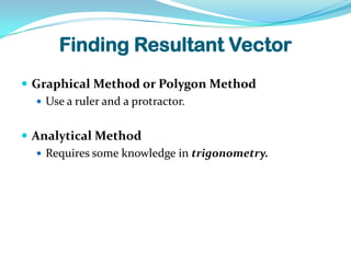Finding Resultant VectorGraphical Method or Polygon MethodUse a ruler and a protractor.Analytical MethodRequires some knowledge in trigonometry.