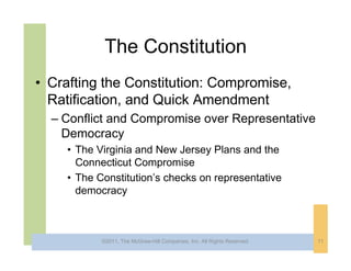 The Constitution
• Crafting the Constitution: Compromise,
  Ratification, and Quick Amendment
  – Conflict and Compromise over Representative
    Democracy
    • The Virginia and New Jersey Plans and the
      Connecticut Compromise
    • The Constitution’s checks on representative
      democracy



           ©2011, The McGraw-Hill Companies, Inc. All Rights Reserved.   11
 