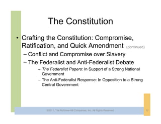 The Constitution
• Crafting the Constitution: Compromise,
  Ratification, and Quick Amendment (continued)
  – Conflict and Compromise over Slavery
  – The Federalist and Anti-Federalist Debate
        – The Federalist Papers: In Support of a Strong National
          Government
        – The Anti-Federalist Response: In Opposition to a Strong
          Central Government




            ©2011, The McGraw-Hill Companies, Inc. All Rights Reserved.   12
 