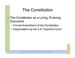 The Constitution
• The Constitution as a Living, Evolving
  Document
  – Formal Amendment of the Constitution
  – Interpretation by the U.S. Supreme Court




           ©2011, The McGraw-Hill Companies, Inc. All Rights Reserved.   13
 