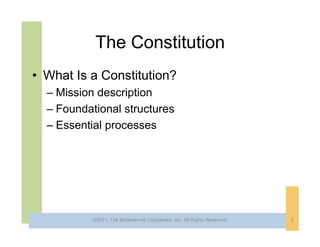 The Constitution
• What Is a Constitution?
  – Mission description
  – Foundational structures
  – Essential processes




           ©2011, The McGraw-Hill Companies, Inc. All Rights Reserved.   2
 