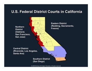 U.S. Federal District Courts in California


                                                          Eastern District
   Northern                                               (Redding, Sacramento,
   District                                               Fresno)
   (Oakland,
   San Francisco,
   San Jose)




 Central District
 (Riverside, Los Angeles,
 Santa Ana)

                       Southern District
                       (San Diego)

                    © 2008 McGraw-Hill Higher Education. All rights reserved.
 