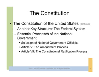 The Constitution
• The Constitution of the United States                                   (continued)

  – Another Key Structure: The Federal System
  – Essential Processes of the National
    Government
     • Selection of National Government Officials
     • Article V: The Amendment Process
     • Article VII: The Constitutional Ratification Process




            ©2011, The McGraw-Hill Companies, Inc. All Rights Reserved.            6
 