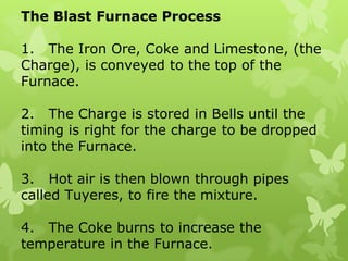 The Blast Furnace Process1.   The Iron Ore, Coke and Limestone, (the Charge), is conveyed to the top of the Furnace.2.   The Charge is stored in Bells until the timing is right for the charge to be dropped into the Furnace.3.   Hot air is then blown through pipes called Tuyeres, to fire the mixture.4.   The Coke burns to increase the temperature in the Furnace.