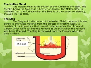 The Molten Metal	The Molten Metal at the bottom of the Furnace is the Steel. The Steel is below the Slag as it is heavier or denser. The Molten Steel is removed from the Furnace when the Steel is of the correct consistency, through the Tap Hole.The Slag	The Slag which sits on top of the Molten Metal, because it is less dense, is the waste material from the process of creating Steel. It consists of the impurities, that is most materials other than Iron and Carbon which were put into the Furnace at the start when the Furnace was being Charged. The Slag is removed from the Furnace when the time is ready.The slag