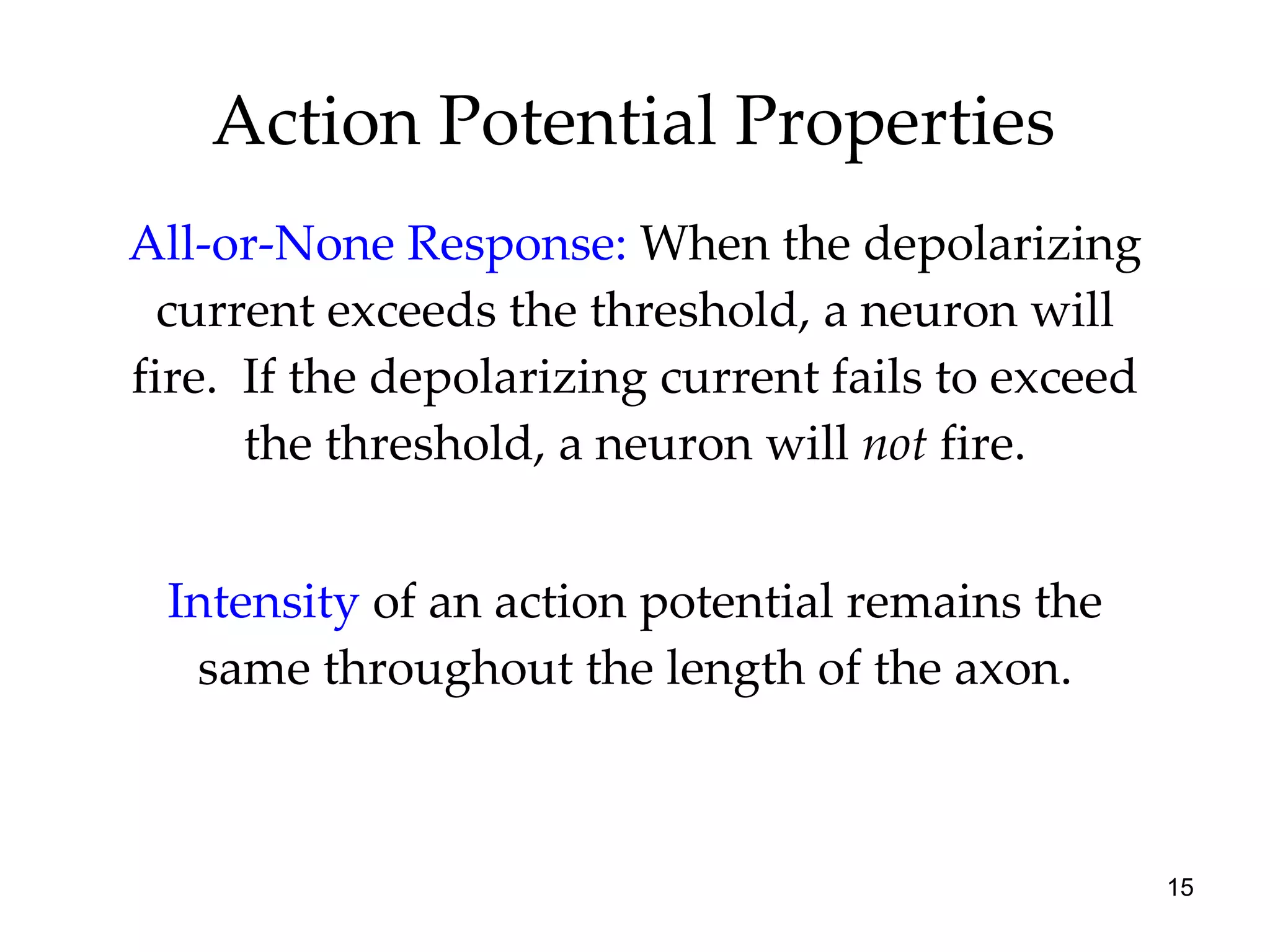 Action Potential Properties All-or-None Response:  When the depolarizing current exceeds the threshold, a neuron will fire.  If the depolarizing current fails to exceed the threshold, a neuron will  not  fire. Intensity  of an action potential remains the same throughout the length of the axon. 