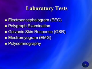 25 Laboratory TestsElectroencephalogram (EEG)Polygraph ExaminationGalvanic Skin Response (GSR)Electromyogram (EMG)Polysomnography