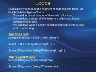 ArraysArrays allow you to store a series of values that have the same data type.// Create an array with four strings (from index 0 to index 3).// You need to initialize the array with the new keyword in order to use it.string[] stringArray = new string[4];// Create a 2x4 grid array (with a total of eight integers).int[,] intArray = new int[2, 4];// Create an array with four strings, one for each number from 1 to 4.string[] stringArray = {"1", "2", "3", "4"};// Create a 4x2 array (a grid with four rows and two columns).int[,] intArray = {{1, 2}, {3, 4}, {5, 6}, {7, 8}};