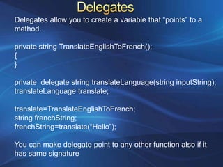 Type ConversionsConverting information from one data type to anotherConversions are of two types: widening and narrowing. Widening conversions always succeed. For example, you can always convert a 32-bit integer into a 64-bit integer.intmySmallValue;long myLargeValue;mySmallValue= Int32.MaxValue;myLargeValue = mySmallValue;Or mySmallValue = (int)myLargeValue;intmyInt=1000;short count;count=(short)myInt;