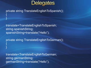 Type ConversionsConverting information from one data type to anotherString myString;intmyInteger=100;myString=myInteger.ToString();String countString=“10”;int count=Convert.ToInt32(countString);orint count=Int32.Parse(countString);