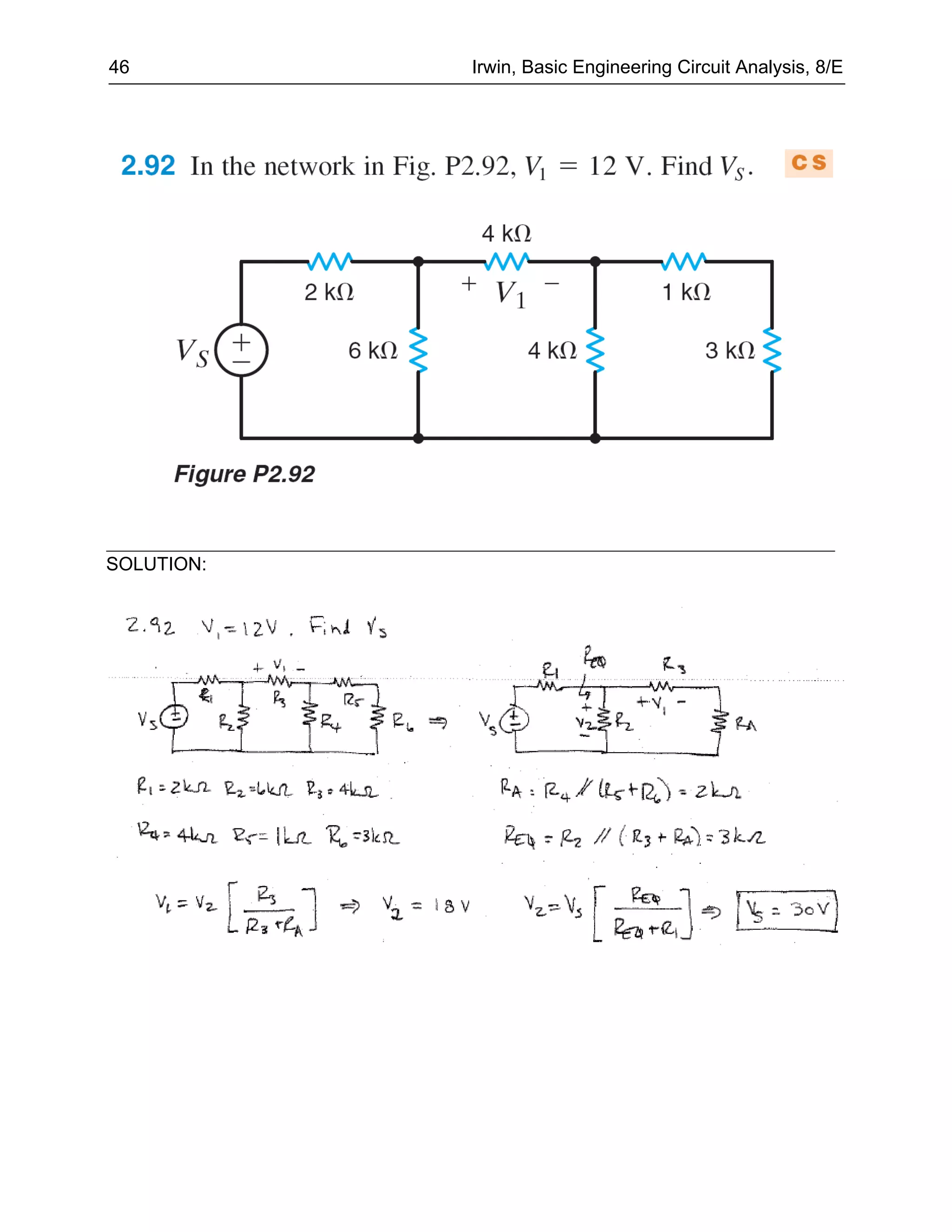 46          Irwin, Basic Engineering Circuit Analysis, 8/E




SOLUTION:
 