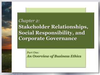 Chapter 2:
                                    Stakeholder Relationships,
                                    Social Responsibility, and
                                    Corporate Governance

                                                Part One:
                                                An Overview of Business Ethics




© 2013 Cengage Learning. All Rights Reserved.                                    1
 