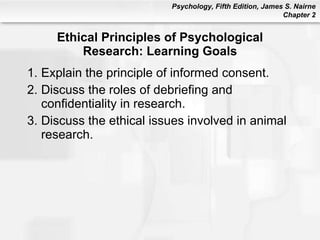 Ethical Principles of Psychological Research: Learning Goals Explain the principle of informed consent. Discuss the roles of debriefing and confidentiality in research. Discuss the ethical issues involved in animal research. 