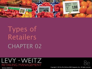 CHAPTER 2
                                                                                                       1




        Types of
        Retailers
        CHAPTER 02


Retailing Management 8e
 McGraw-Hill/Irwin         
                                     All rights reserved.                  2-
                               © The McGraw-Hill Companies,The McGraw-Hill Companies, Inc. All rights reserved.
                                             Copyright © 2012 by
 