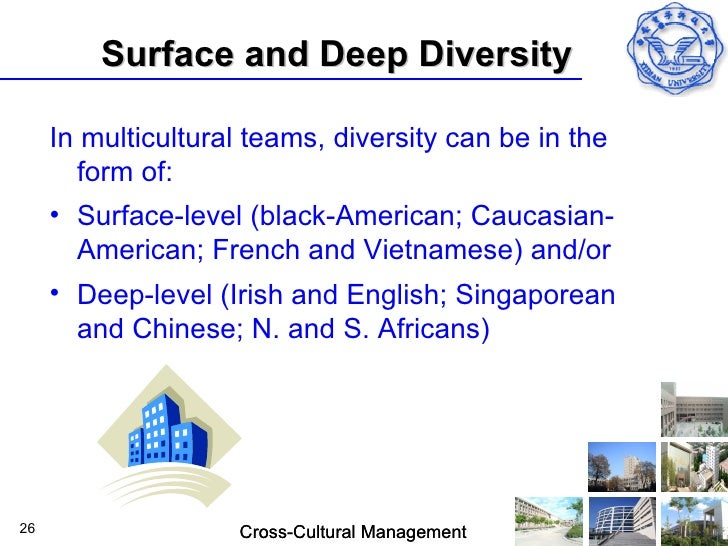 surface levl diversity and deep level As time passes, increasing collaboration weakens the effects of surface-level (demographic) diversity on team outcomes but strengthens those of deep-level (psychological) diversity. surface levl diversity and deep level As time passes, increasing collaboration weakens the effects of surface-level (demographic) diversity on team outcomes but strengthens those of deep-level (psychological) diversity.