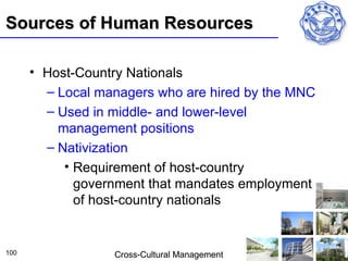Sources of Human Resources

      • Host-Country Nationals
        – Local managers who are hired by the MNC
        – Used in middle- and lower-level
          management positions
        – Nativization
           • Requirement of host-country
             government that mandates employment
             of host-country nationals


100               Cross-Cultural Management
 