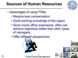 Sources of Human Resources
      – Advantages of using TCNs
         • Require less compensation
         • Good working knowledge of the region
         • Given home office experience, often can
           achieve objectives better than other types
           of managers
         • Offer different perspectives




102                Cross-Cultural Management
 