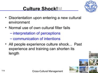Culture Shock!
                        Shock!M
      • Disorientation upon entering a new cultural
        environment
      • Normal use of own cultural filter fails
         – interpretation of perceptions
         – communication of intentions
      • All people experience culture shock... Past
        experience and training can shorten its
        length



114                  Cross-Cultural Management
 