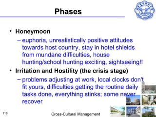 Phases

      • Honeymoon
         – euphoria, unrealistically positive attitudes
           towards host country, stay in hotel shields
           from mundane difficulties, house
           hunting/school hunting exciting, sightseeing!!
      • Irritation and Hostility (the crisis stage)
         – problems adjusting at work, local clocks don't
           fit yours, difficulties getting the routine daily
           tasks done, everything stinks; some never
           recover
116                   Cross-Cultural Management
 
