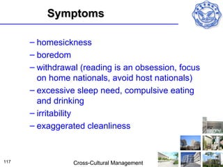 Symptoms

      – homesickness
      – boredom
      – withdrawal (reading is an obsession, focus
        on home nationals, avoid host nationals)
      – excessive sleep need, compulsive eating
        and drinking
      – irritability
      – exaggerated cleanliness



117              Cross-Cultural Management
 