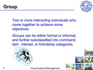 Group

     Two or more interacting individuals who
     come together to achieve some
     objectives.
     Groups can be either formal or informal,
     and further subclassified into command,
     task, interest, or friendship categories.




12              Cross-Cultural Management
 