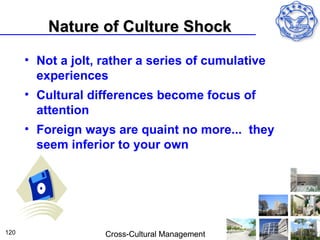 Nature of Culture Shock

      • Not a jolt, rather a series of cumulative
        experiences
      • Cultural differences become focus of
        attention
      • Foreign ways are quaint no more... they
        seem inferior to your own




120                 Cross-Cultural Management
 