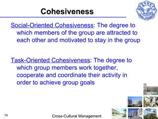 Cohesiveness
     Social-Oriented Cohesiveness: The degree to
       which members of the group are attracted to
       each other and motivated to stay in the group


     Task-Oriented Cohesiveness: The degree to
       which group members work together,
       cooperate and coordinate their activity in
       order to achieve group goals




16                 Cross-Cultural Management
 