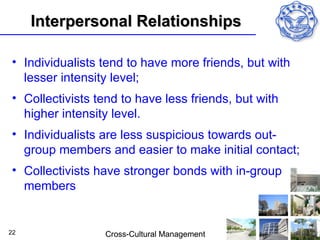 Interpersonal Relationships

• Individualists tend to have more friends, but with
  lesser intensity level;
• Collectivists tend to have less friends, but with
  higher intensity level.
• Individualists are less suspicious towards out-
  group members and easier to make initial contact;
• Collectivists have stronger bonds with in-group
  members


22               Cross-Cultural Management
 
